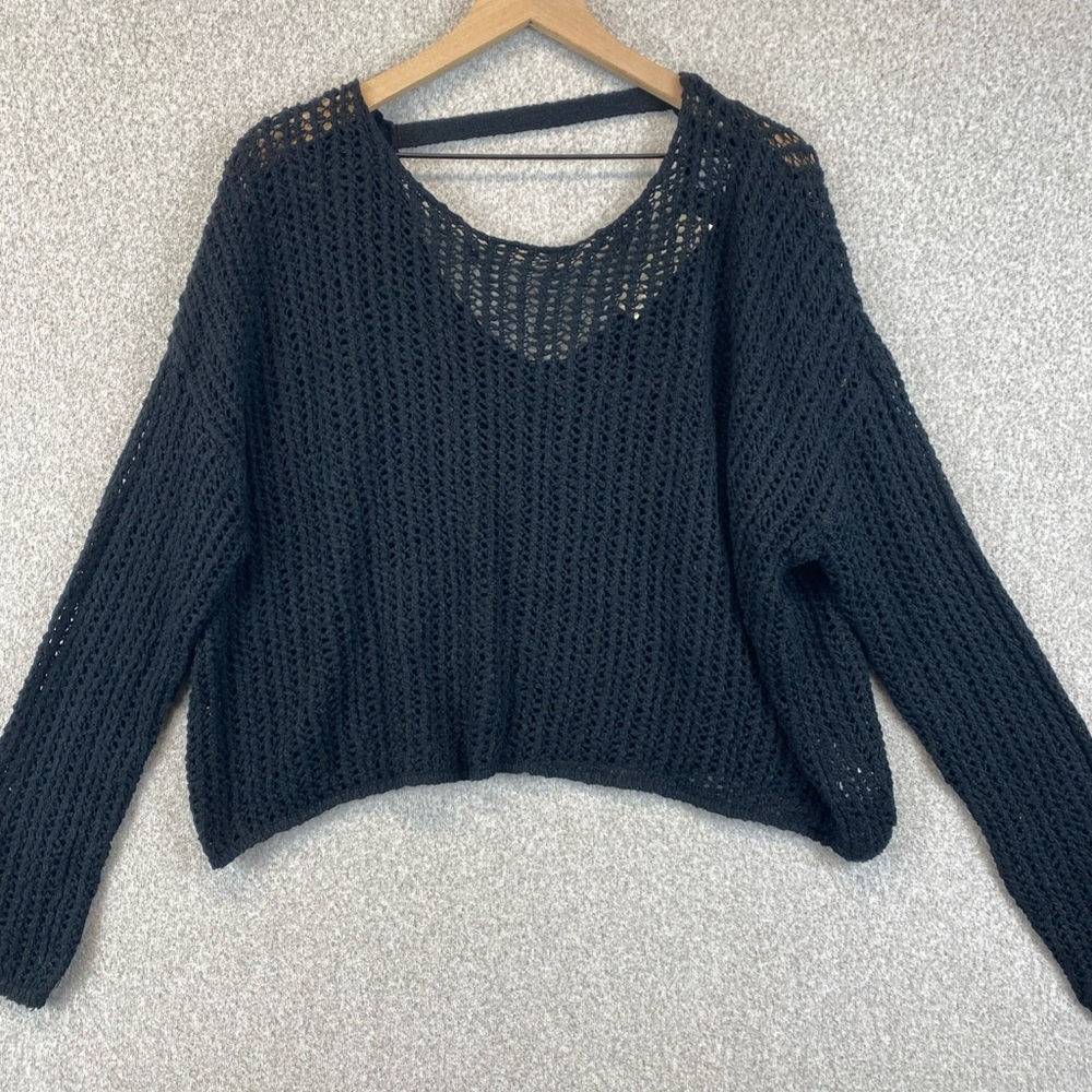 Francesca's Black Open Knit Beachy Sweater Top L Cropped Y2K Goth Grunge